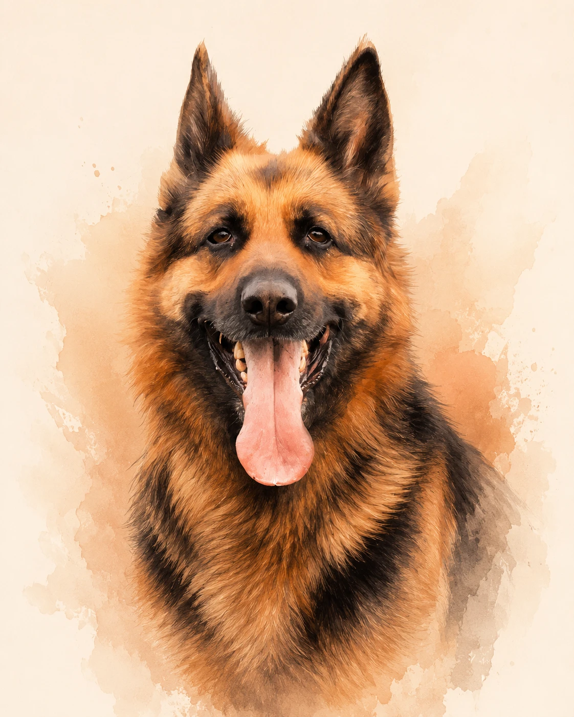 Portrait artistique à l’aquarelle d’un berger allemand